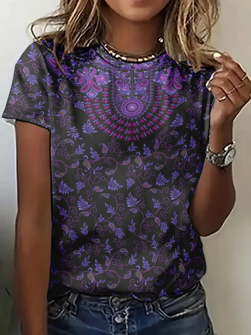 Vintage 3d Paisley gedruckt Frauen T-Shirt ethnischen Stil Sommer Damen T-Shirts Hemden lässig Kurzarm O-Ausschnitt lose Tops T-Shirt