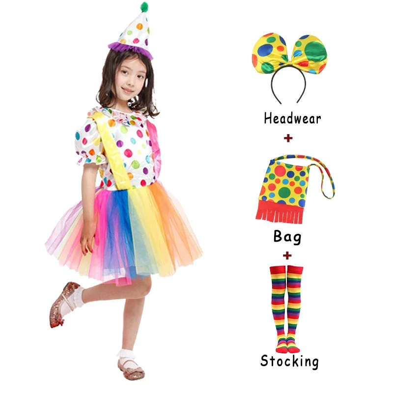 

Girls Funny Circus Clown Costume with Headwear Carnival Party Dresses Naughty Joker Cosplay for Kids Fancy Dress Up