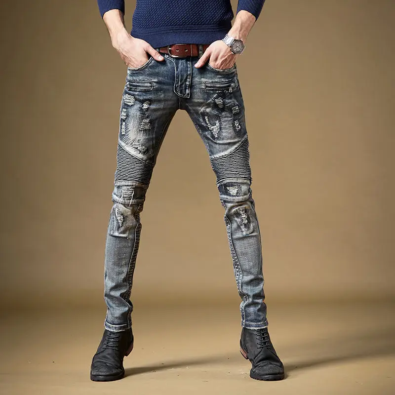 Men’s Light Luxury Street Fashion Moto&Biker Jeans,Wear-proof Retro Style Ripped Denim Pants,Slim-fit Trendy Casual Jeans;