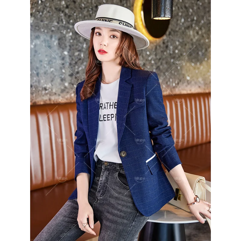 

Women Black Pink Blue Plaid Formal Blazer Coat Spring Autumn Office Ladies Long Sleeve Single Button Jacket Female