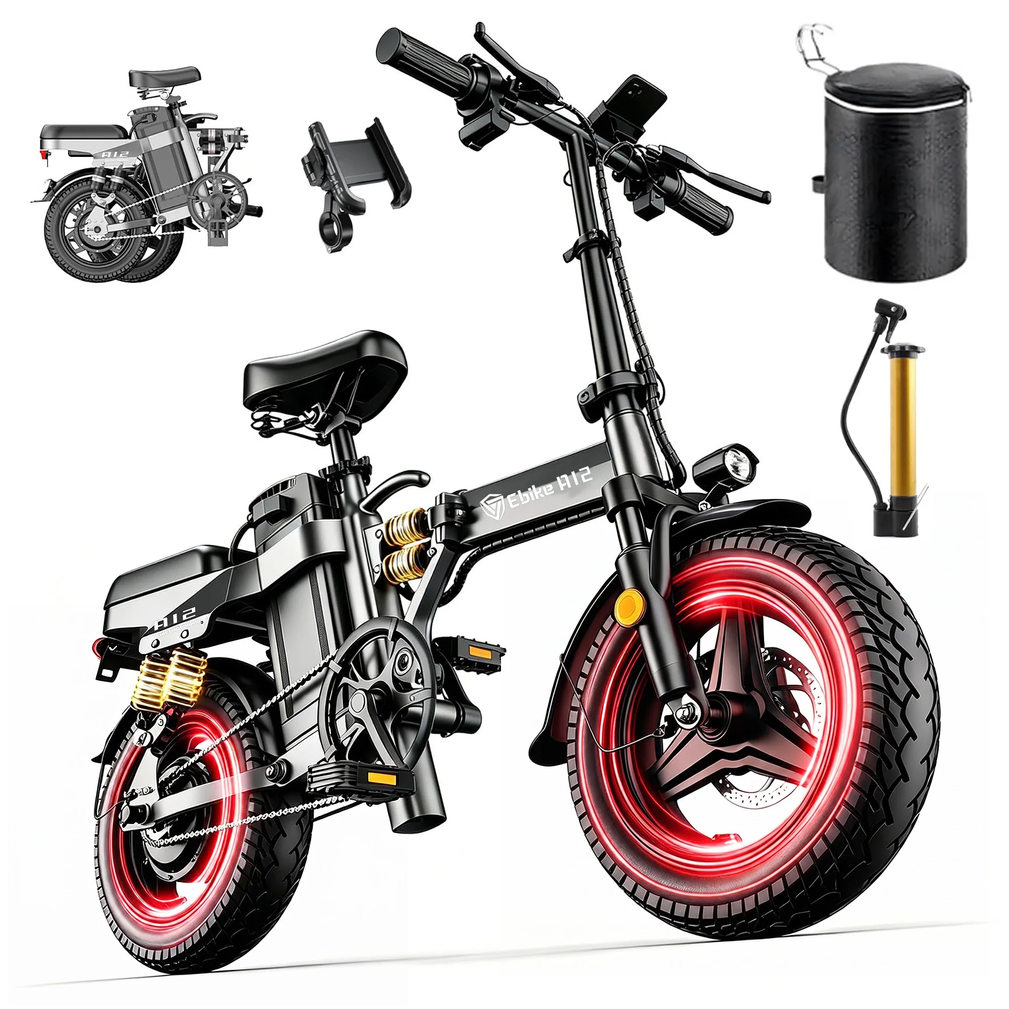 DTTZH A12 Folding Electric Bike for Adults, 14" Commuter E-Bike, 1000W Peak Motor, 48V 15Ah Removable Battery, 60 Miles Range, Remote Start, UL 2849 Certified image 2