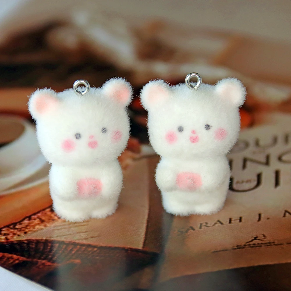 30Pcs 3D Cute Flocked Cat Charms Cartoon Animal Bear Resin Pendant Earrings Keychains Akcesoria do majsterkowania Rzemiosło Biżuteria Make