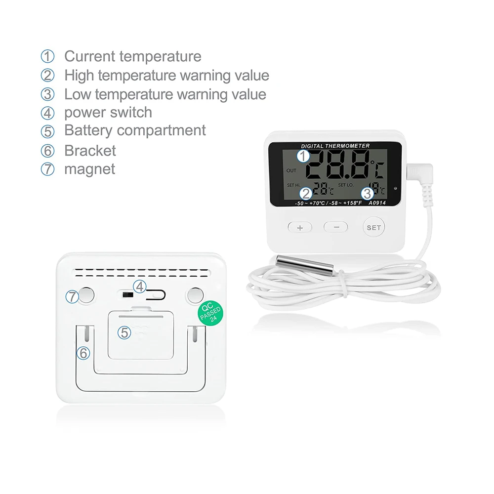 Digital Refrigerator Thermometer Freezer Thermometer Aquarium Water Tank Meter High Low Temperature Alarm with Extranal Sensor