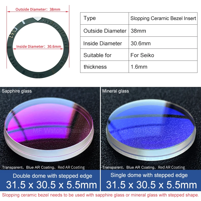 Slopping ceramic bezel insert 38*30.6mm Convex word For SKX007 for Rlx Yacht-Master watch parts