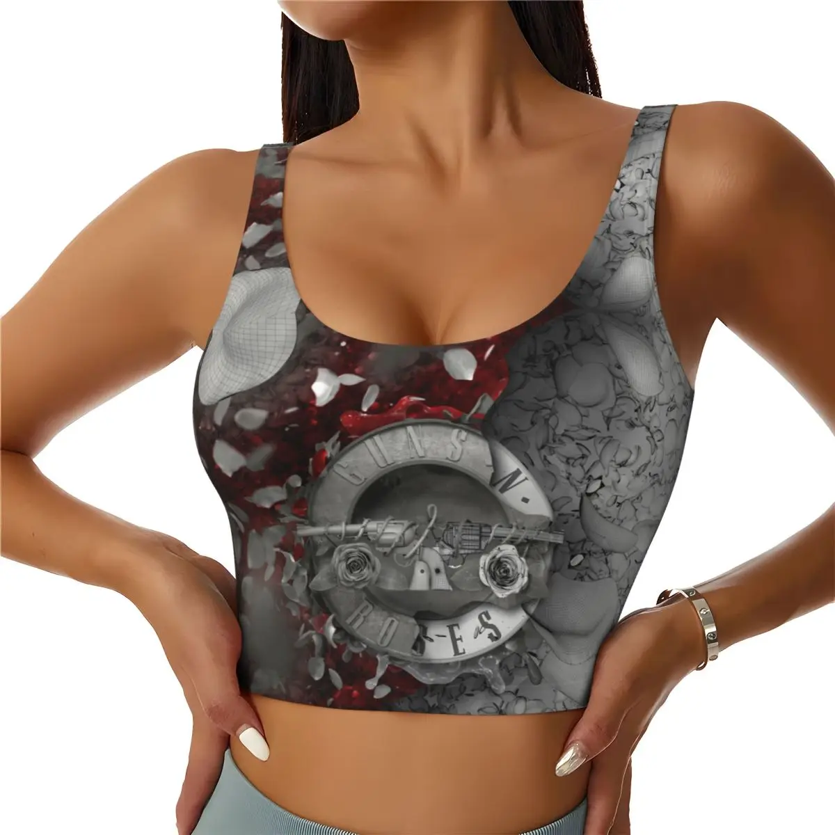 Custom High Impact Guns N Roses Hard Rock Band Sports Bra Women Bullet Logo Gym Workout Yoga Crop Top