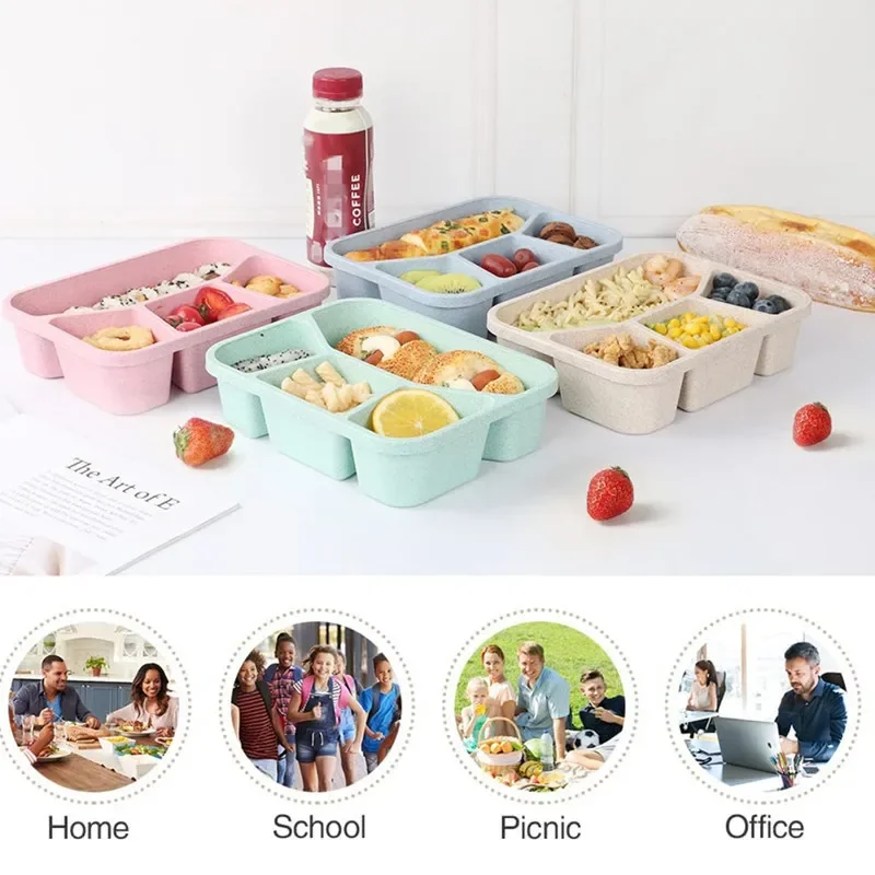 Microwave Lunch Box4 Grids Wheat Straw Dinnerware Food Storage Container Children School Portable Bento Box BPA Free Kids Tools