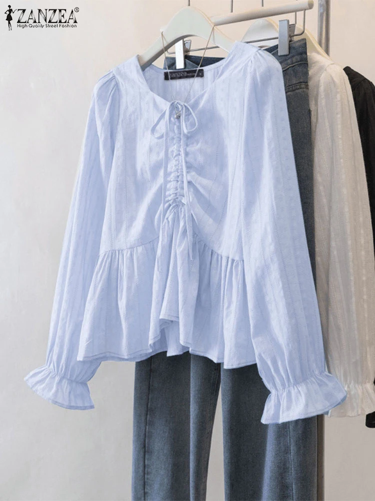 

ZANZEA элегантные ажурные текстурированные женские блузки на шнуровке с квадратным вырезом и длинными рукавами с рюшами по подолу Blusas Mujer осенние модные топы