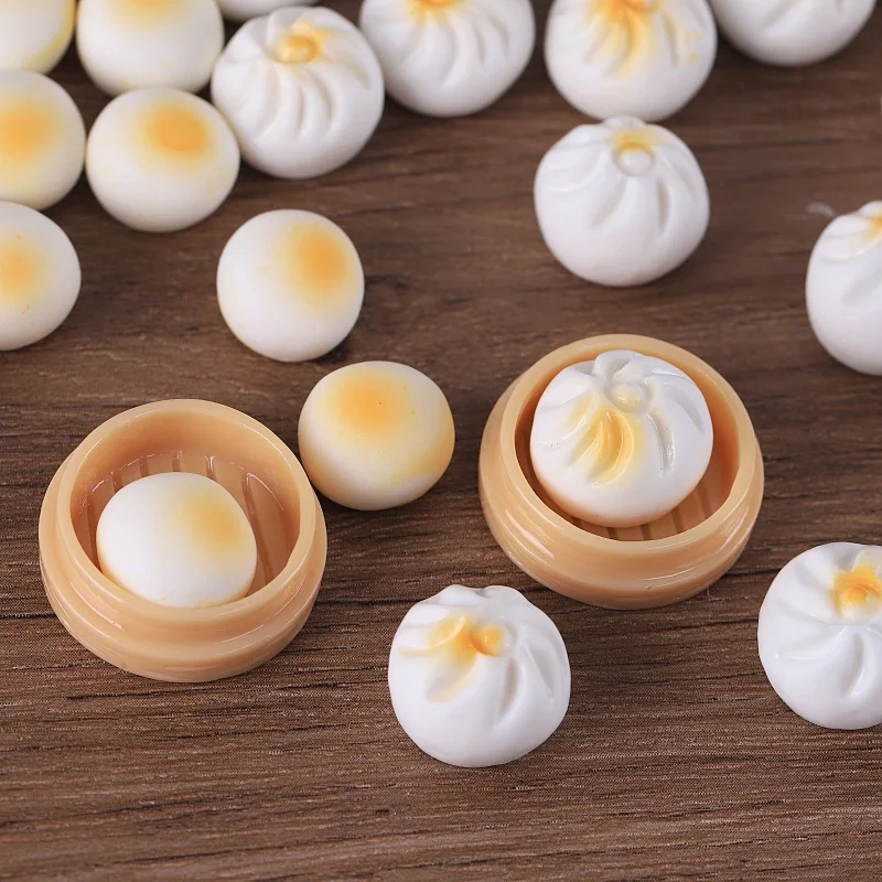 3pcs Mini Steamed Buns Baozi Steamer Basket Resin Chinese Food Miniature DIY Kitchen Scene Display