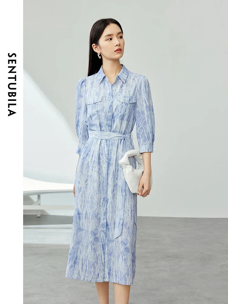 SENTUBILA Lapel Shirt Dress Camisole Dress 2 Piece Set 2024 Summer A-line Three Quarter Sleeve Printed Dresses Suit 141L53818