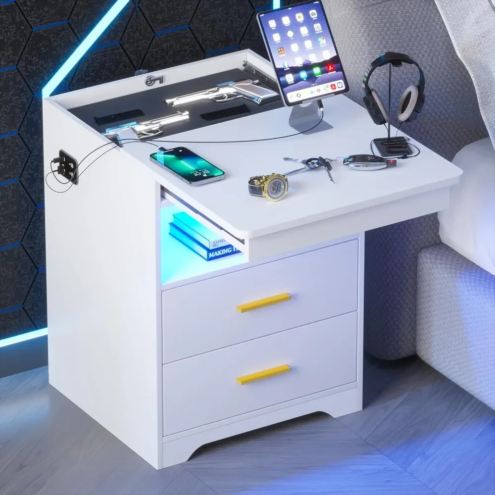 

LED Nightstand with Gun Drawer, Modern Beside Table with Charging Station, Auto Sensor 3 Color Dimmable Night Stand