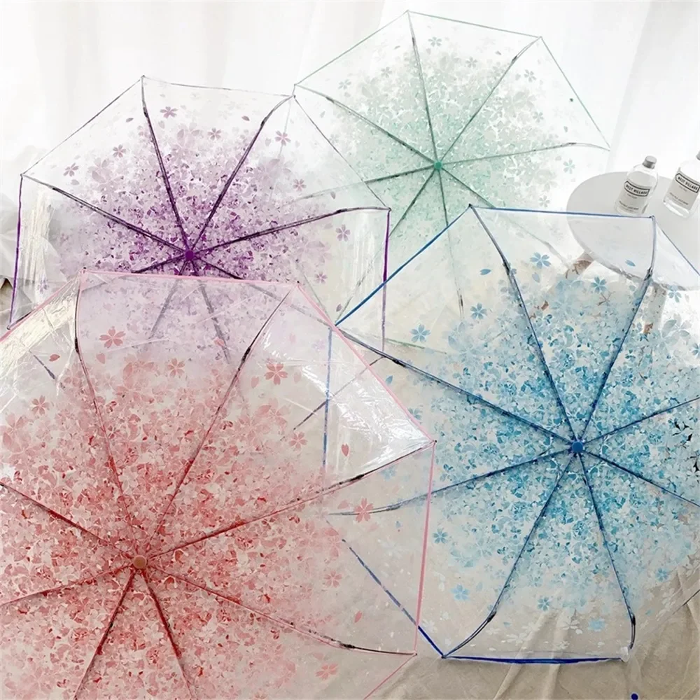 Transparent Clear Umbrella 3 Fold Umbrella Pink, Green, Blue, And Purple Flowers, Transparent And Sunny Umbrellas