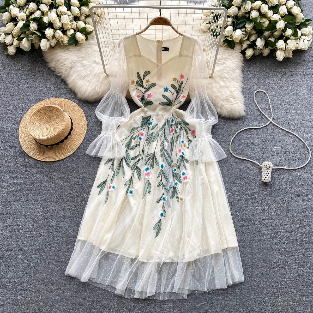 2023 Runway Design Spring Summer Mesh Dot Dress Elegant Women Square Collar Embroidery Flower Flare Sleeve Holiday Midi Vestidos