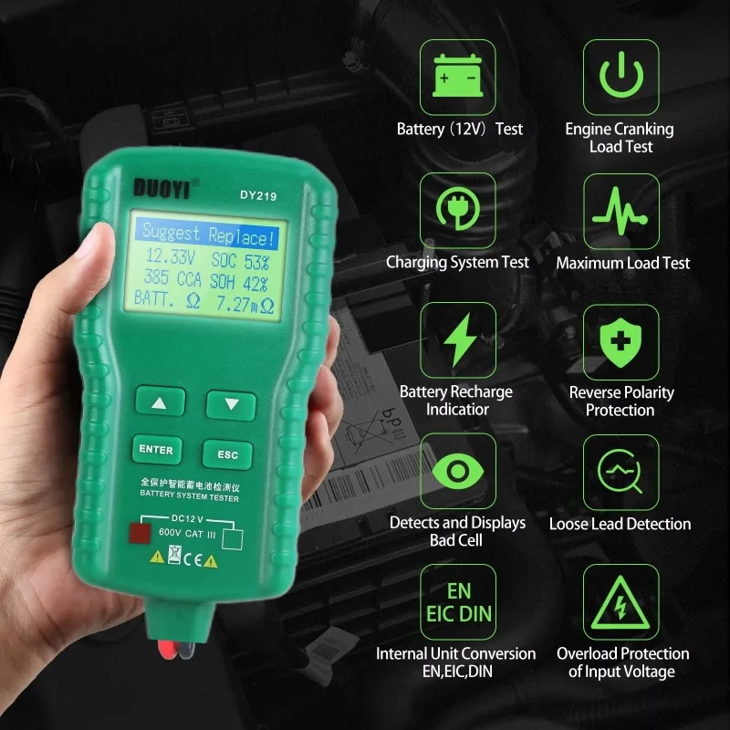 DUOYI DY219 12V Digitaler Batterietester Automotive AH 100-1000CCA Spannungs-Batterieanalysator Multifunktionales Diagnosewerkzeug – Detail 2