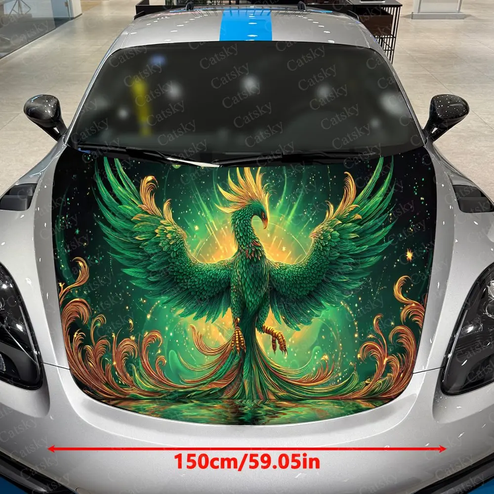 Emerald Feather Gilded Divine Bird Car Vinyl Wrap, PVC Waterproof Car Hood Sticker, Self-Adhesive Scratch-Resistant Stickers