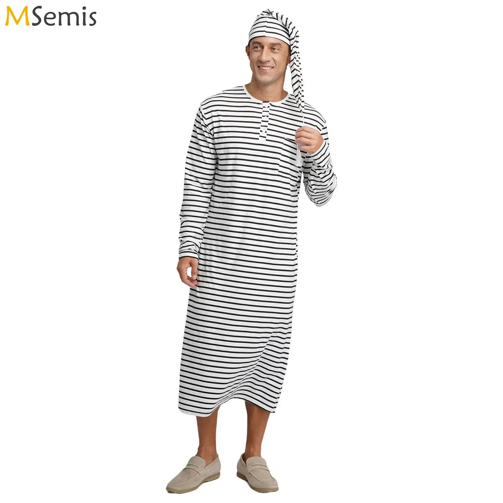 

Мужской полосатый халат для сна и шляпа, халат, одежда для дома, свободные пижамы с длинными рукавами и круглым вырезом, длинные рубашки с кепкой, домашняя одежда