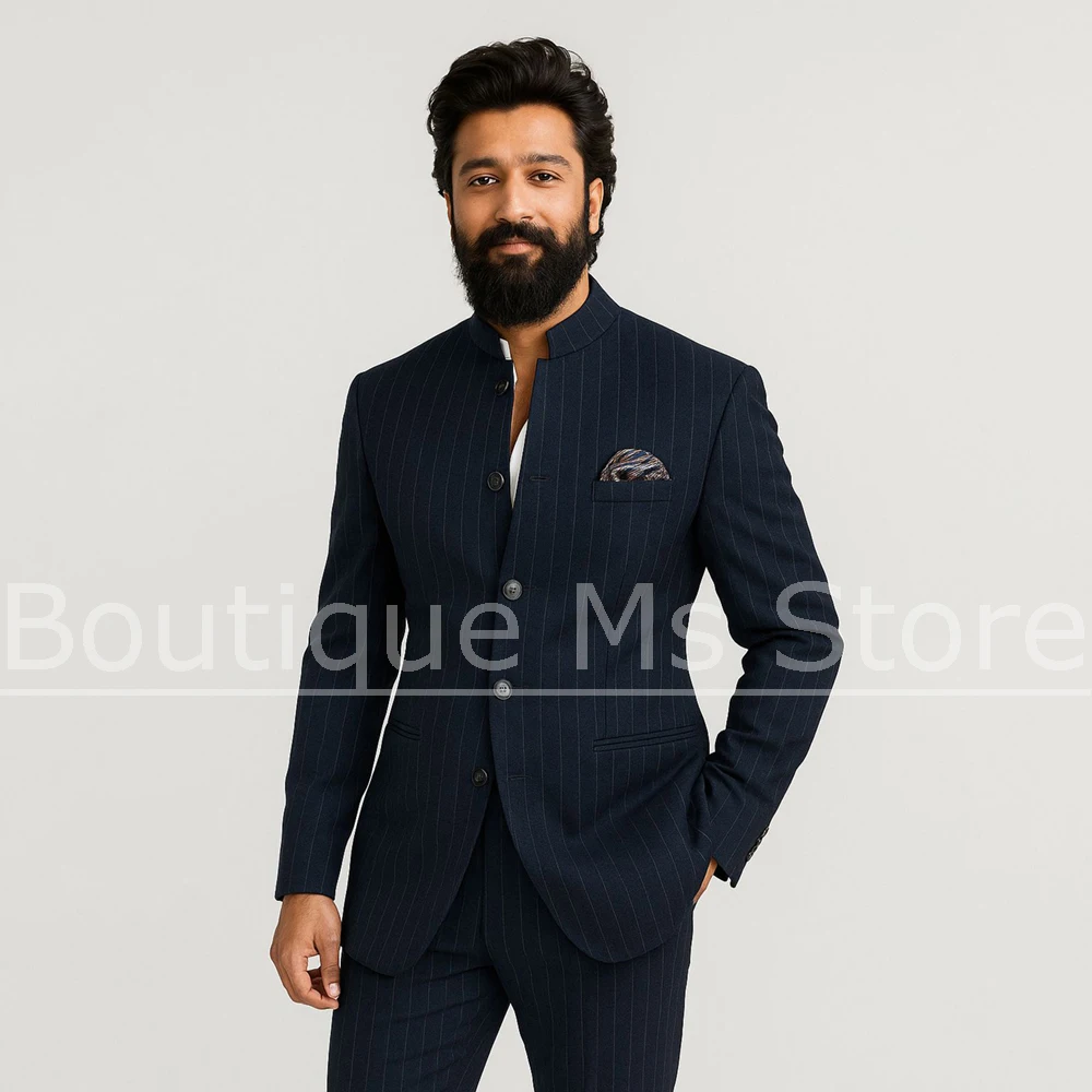 

Men Navy Blue Striped Suit 2 Piece Mandarin Collar Single Breasted Blazer with Pants Formal Wedding Business Party Casual Suits
