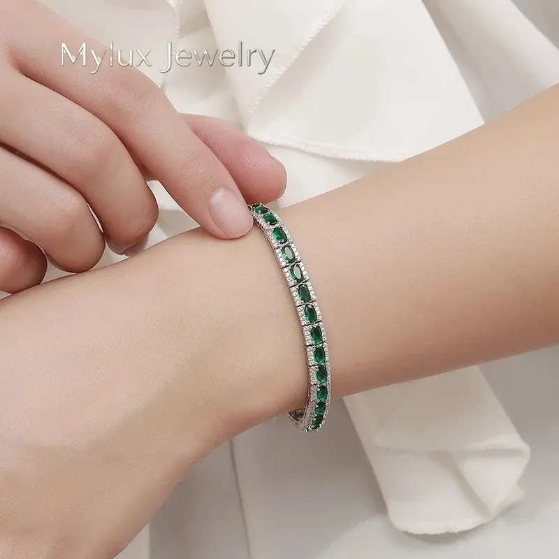 Mylux Jewelry Luxury Solid Platinum PT950 Women's Green Diamond Bracelet Mori Style Ins Niche Design Single Row Full Diamond Ten