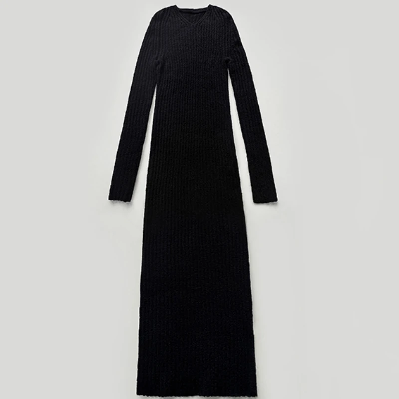 LUXURY-Knitted Long Dress with Floral Yarn Wool Base, V-neck, Elastic Slim Fit, Long Sleeved, Autumn and Winter, 2024