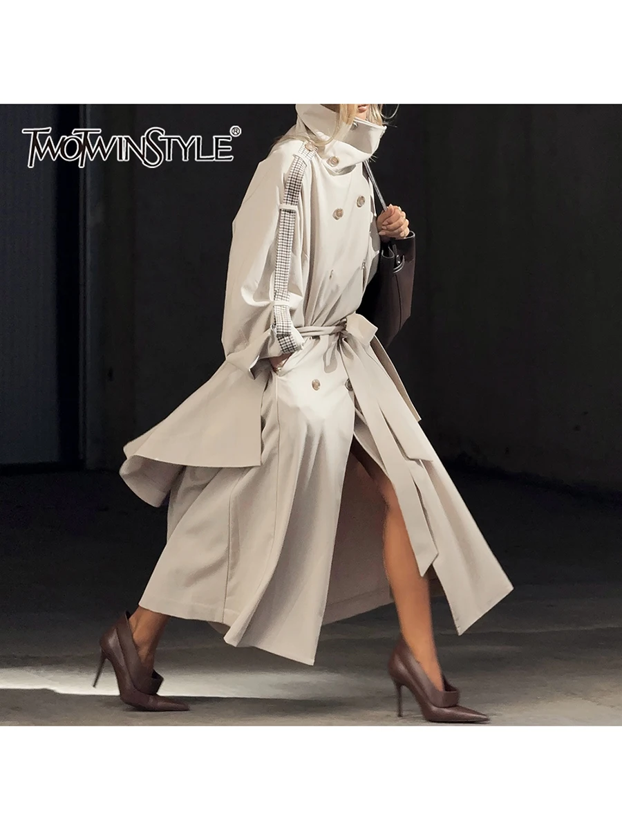 

TWOTWINSTYLE свободные двубортные базовые плащи для женщин с высоким воротом и длинными рукавами в стиле пэчворк на шнуровке женские новые