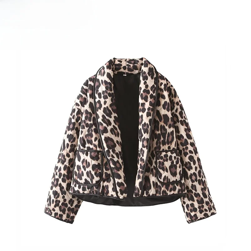 

ZBZA Spring New Women's Faion Design Leopard Print Quilted Cotton Jaet Polyester Fiber Long Sve Zipper Closure Coat