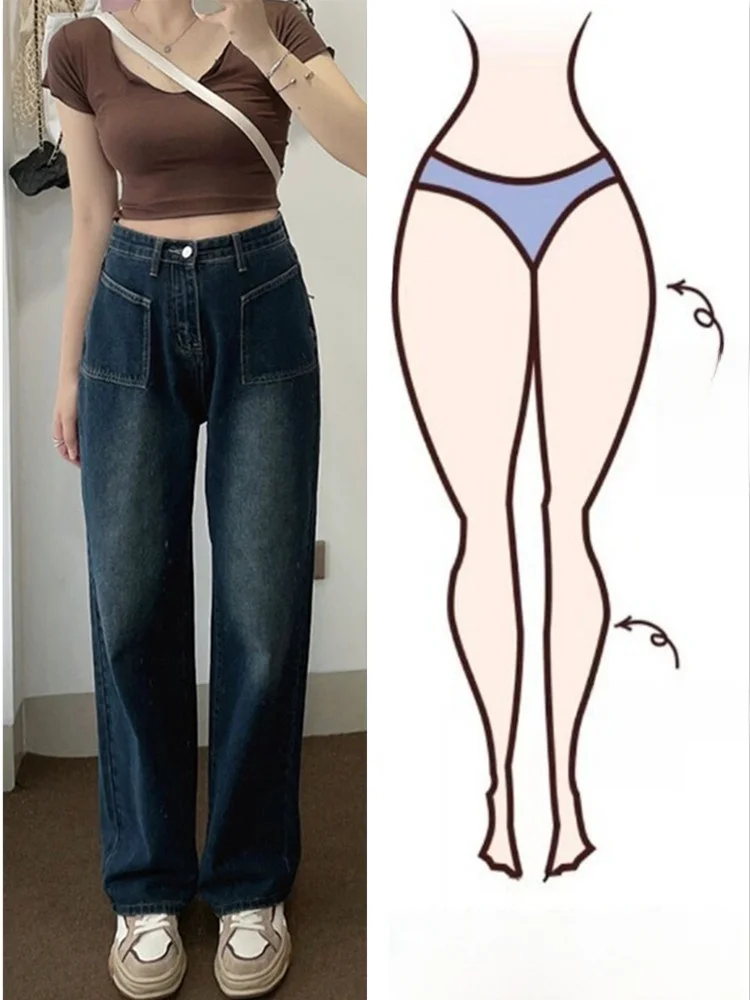 

High Waist Fleece Lined Retro Denim Jeans for Women Pear Shaped Body Wide Leg Pants Loose Fit plus Size Autumn Winter Slimming