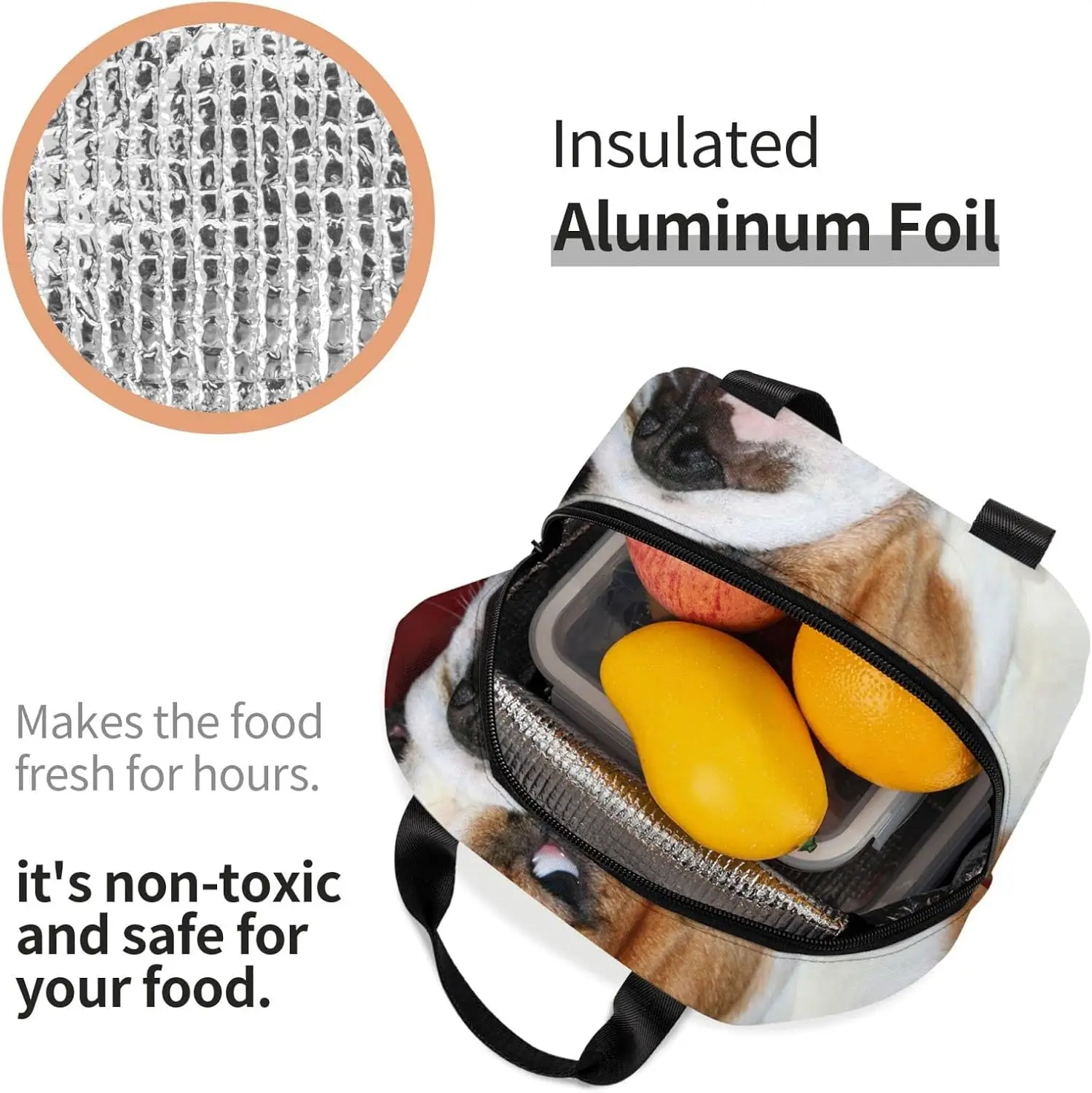 حقيبة غداء بولدوج إنجليزي فروي-صندوق غداء حراري معزول قابل لإعادة الاستخدام-حقيبة حمل محمولة حقيبة نزهة مبردة للرجال والنساء