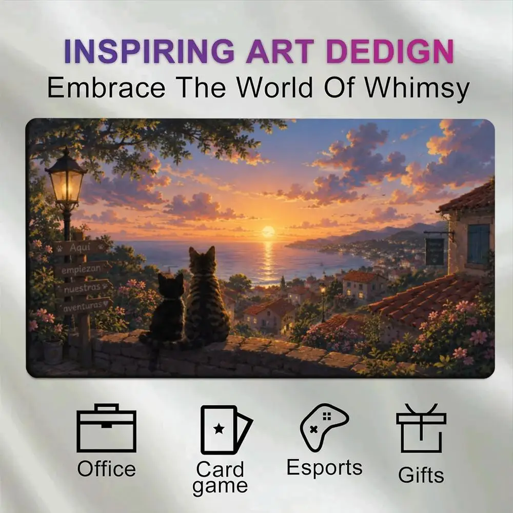 Warm Sunset Ocean View Two Cats Mediterranean Town Desk Mat, Waterproof Surface Stitched Edge Non-Slip Rubber Large Mouse Pad