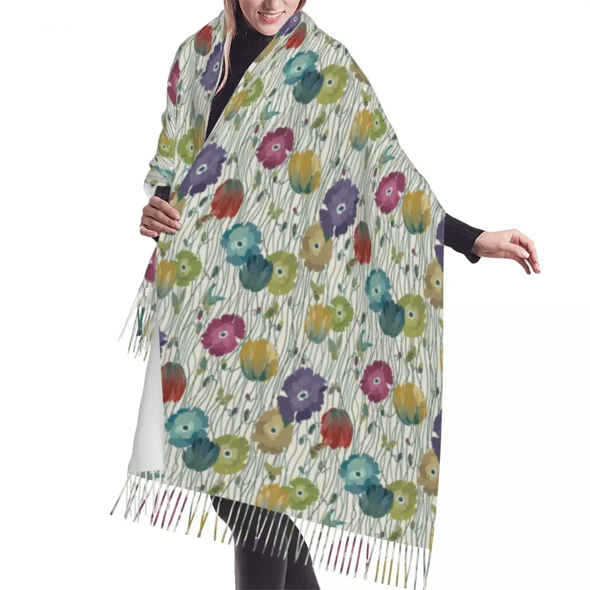 Custom Female Long Flower Multicolor Pattern Art Scarves Women Winter Soft Warm Tassel Shawl Wrap Scarf