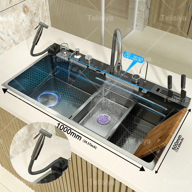 

Various Waterfall kitchen Sink Stainless Steel Multifunctional Large Single Slot Digital Display Sinks