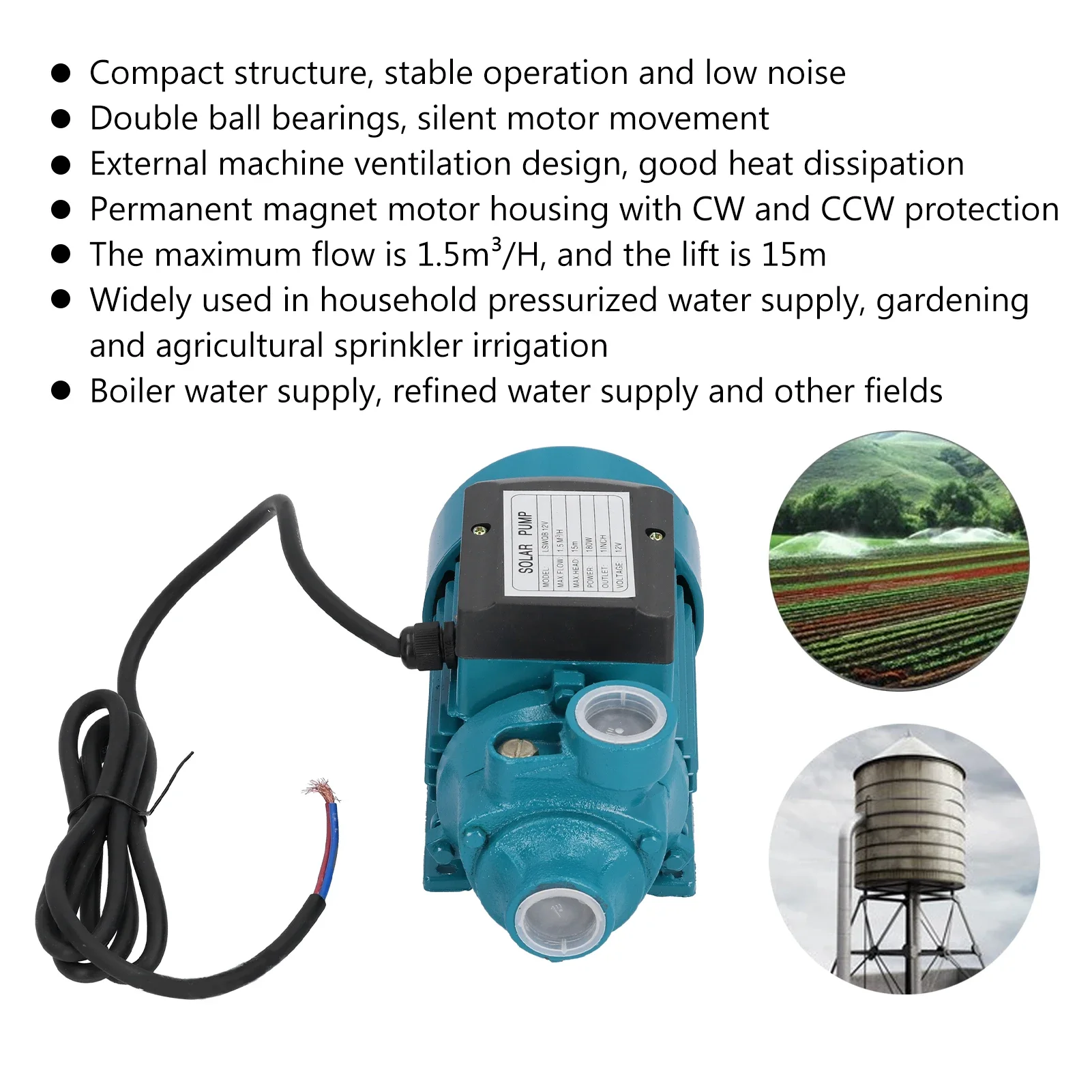 Mini  Electric Pump   Unipolar Impeller Motor Horizontal Single Suction Irrigation Tool 15m 180W DC12V