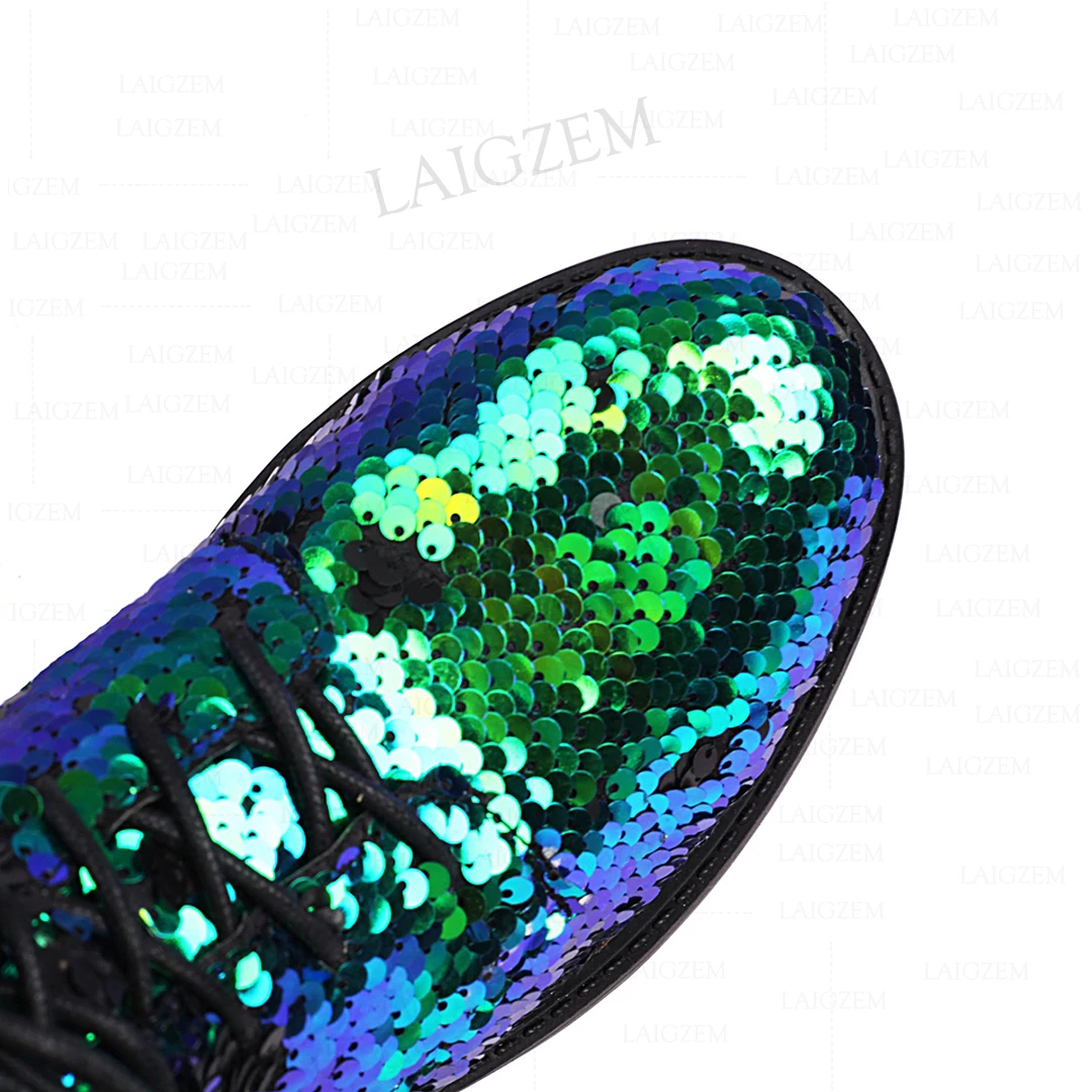 LAIGZEM Women Ankle Boots Bling Glitter Round Toe Low Heels Round Toe Short Booties Ladies Shoes Woman Large Size 33 38 42 43 image 5