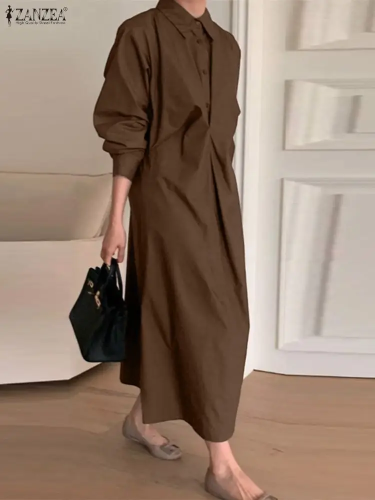 ZANZEA Damen-Maxikleider mit geraffter Vorderseite, Herbst 2022, einfarbig, Umlegekragen, lange Ärmel, halbe Knöpfe, Hemdkleid, Pendeln