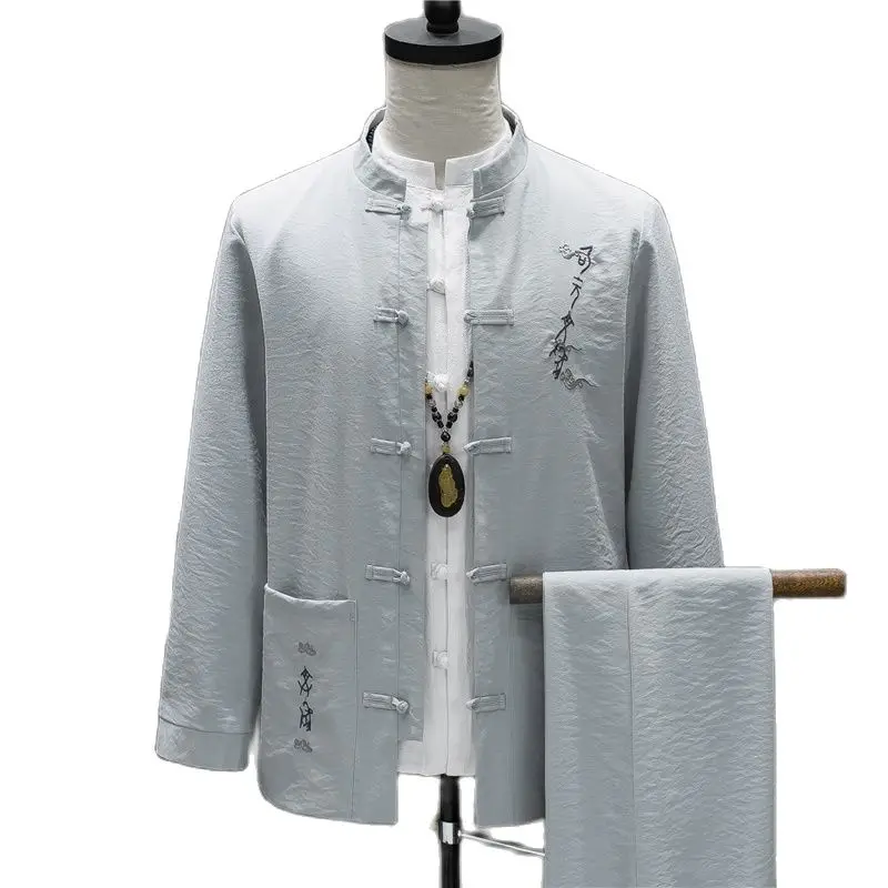 2023 Autumn Men\'s Suit Embroidery Chinese Style Stand Collar Jacket Trousers Male Wedding Blazers Coat Pants 2 Pcs Set