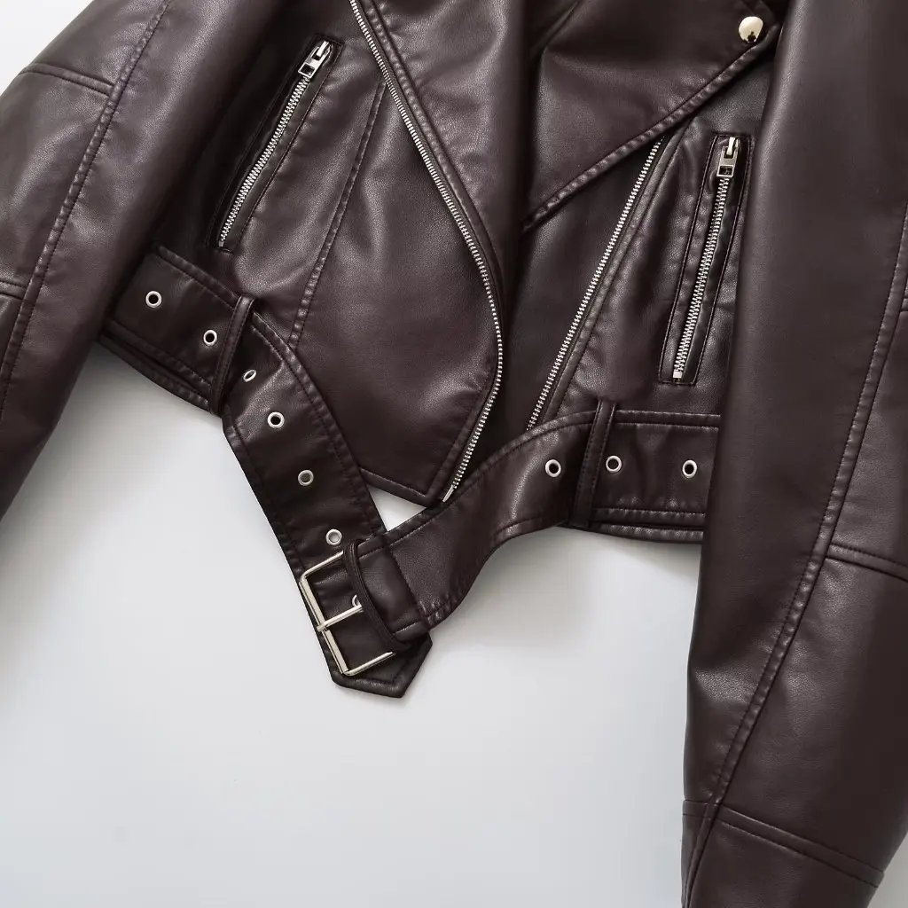

Women's Fashion Short Lapel Loose PU Imitation Leather Jacket Coat Spring Autumn High-End Feelings American Style Motorcycle