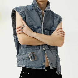 High Street Street Korean Style Simple Denim Vest Jacket Men's Tide Brand Lapel Collar Distressed Denim Tooling Vest