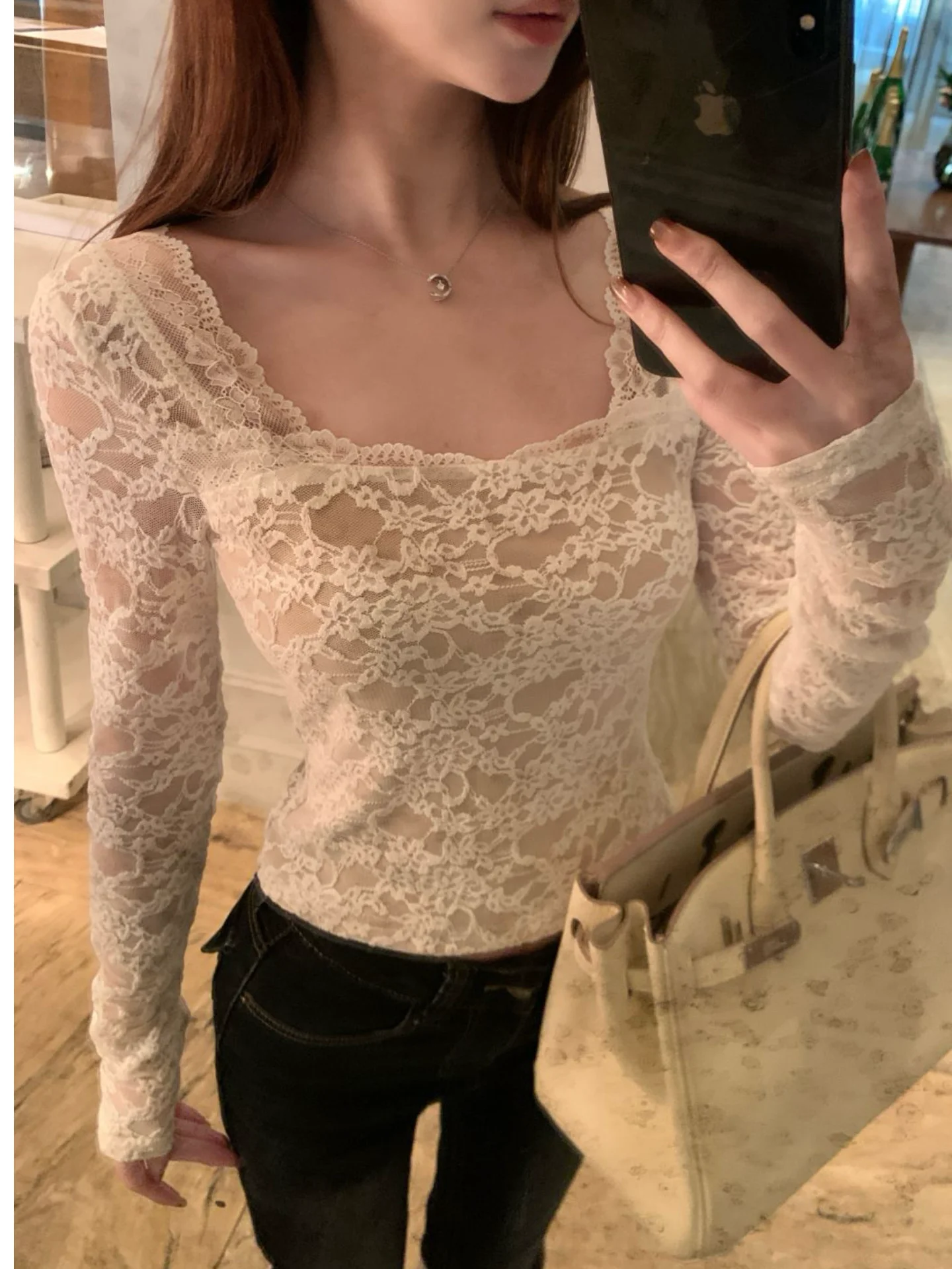 

one Pure Desire Lace Slim Fit Women's T-irt Inner Wear Sensual Waist-Cinching Top Long Sve Hollow out Embroidery