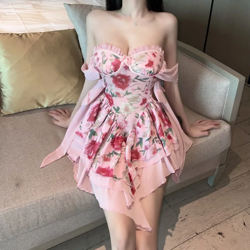 

2026 Summer New Flower Print Elegant Strapless Collar Women's Dress Fashion Party Sexy Dress for Women Y2k Mini Dress
