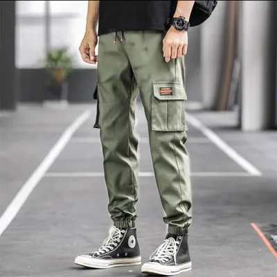 For Autumn Winter Loose Fit Multi Pocket Joggers Men Street Style Waist Drawstring Casual  Cargo Pants For Fitness Outdoor