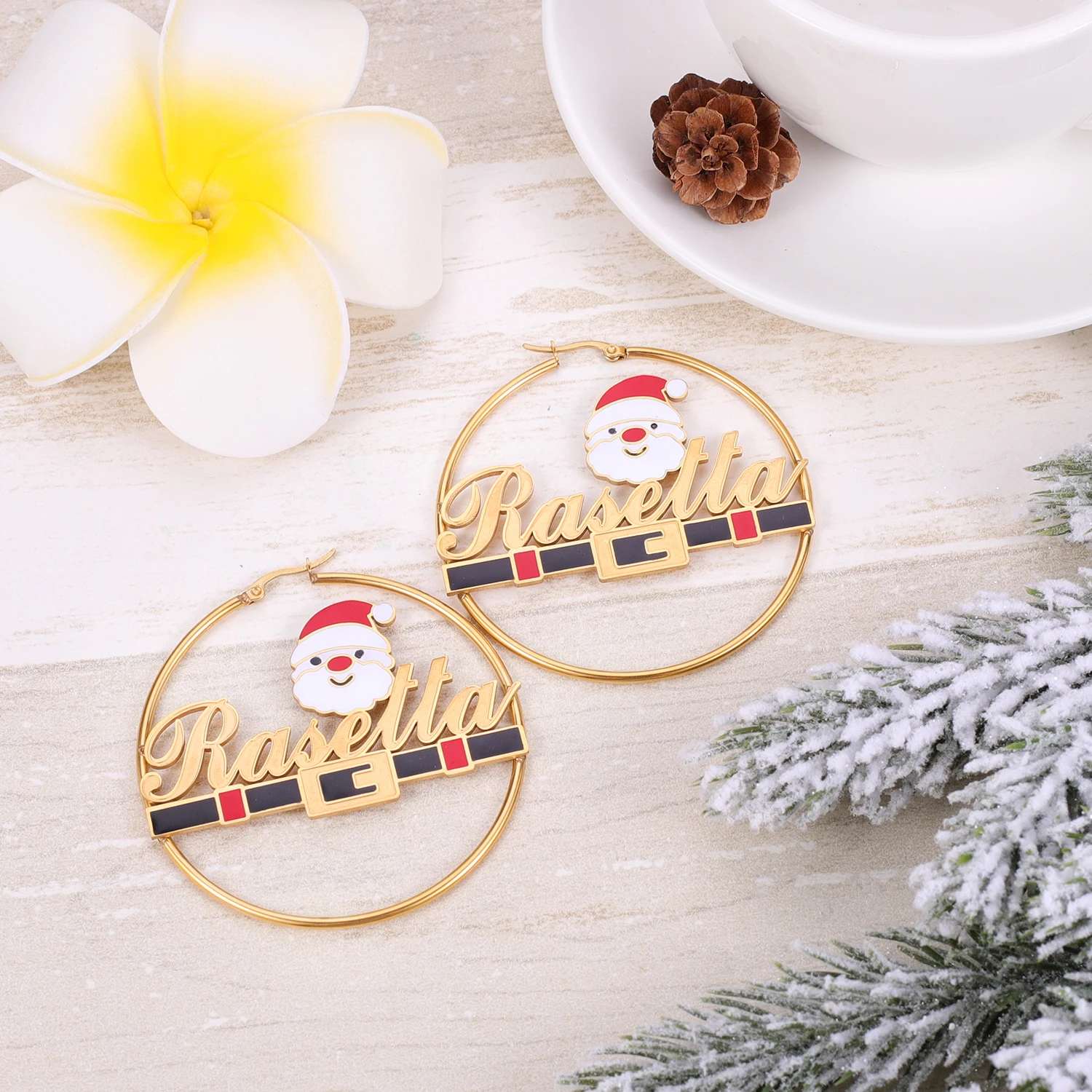 

Dascusto Personalized Two-Tone custom name earrings Holiday Jewelry hoops earrings Women's Christmas Santa Claus Design Name E