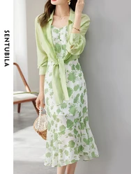 SENTUBILA 2 Piece Dress Sets Women 2024 Elegant Fashion Summer Vacation Outfit Green Print Cami Dress Thin Crop Shirts 132Z47993