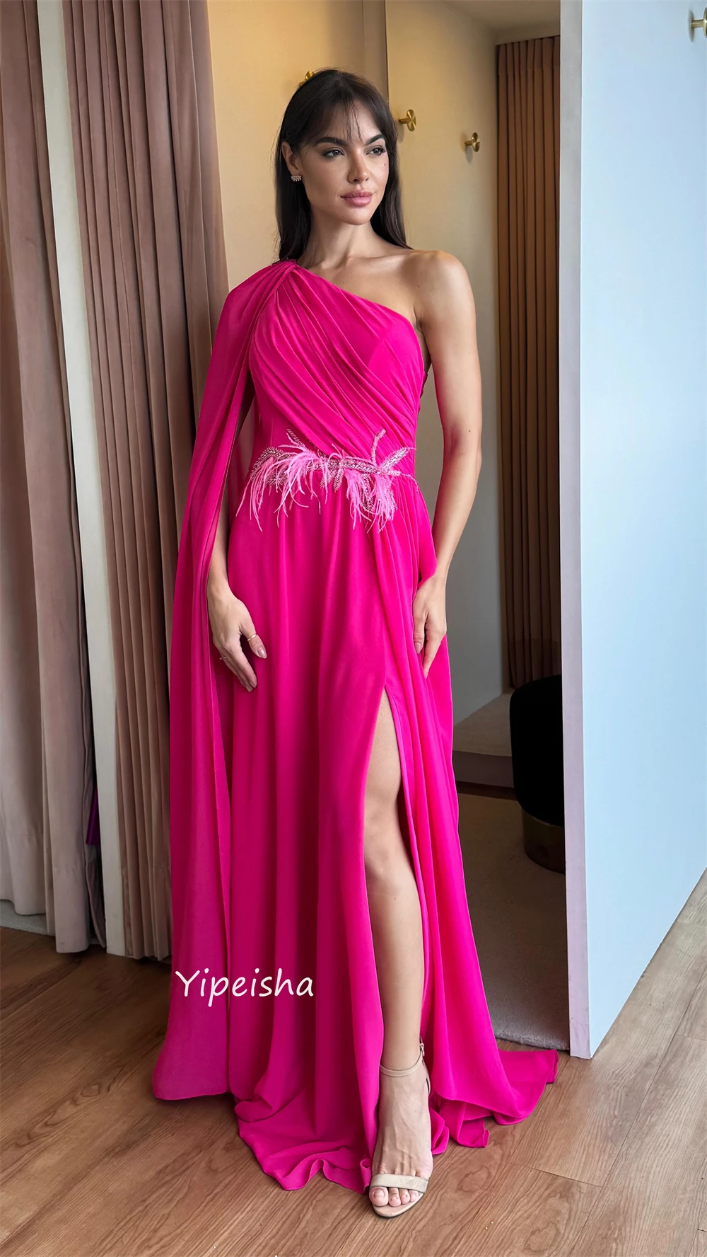 Customized Formal Modern Style One-Shoulder A-line Sequined Feathers Floor-Length Chiffon Bespoke Occasion Dresses Evening