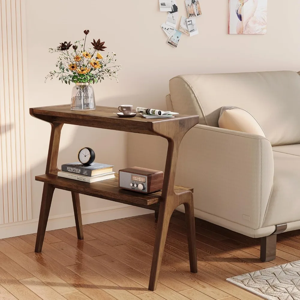 

Solid Wood End Table, 2-Tier Side Table with Storage Shelf, Wooden Modern Accent Slim Bedside Table for Sofa, Living Room
