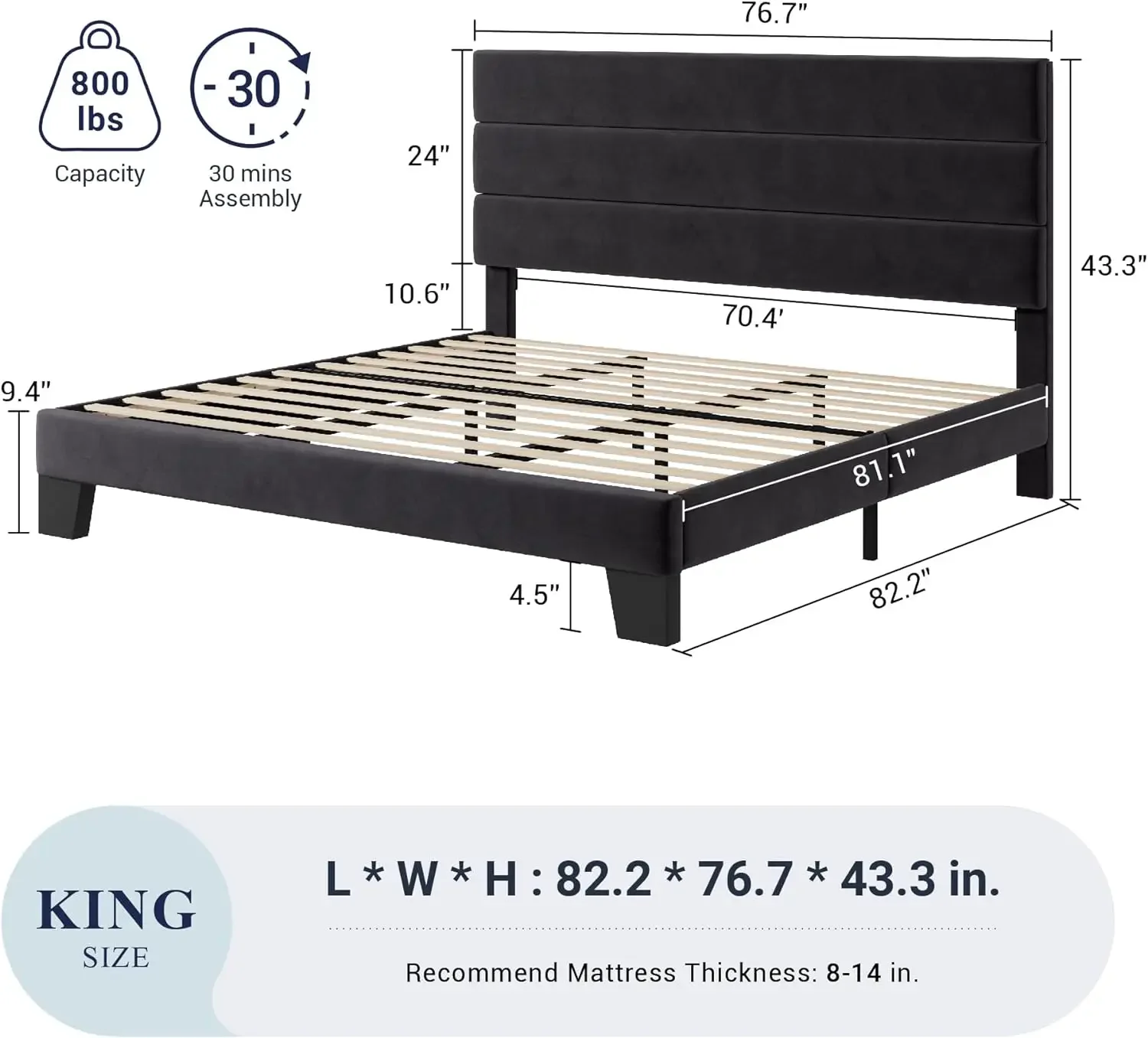 Platform Bed Frame with Velvet Upholstered Headboard and Wooden Slats Support,