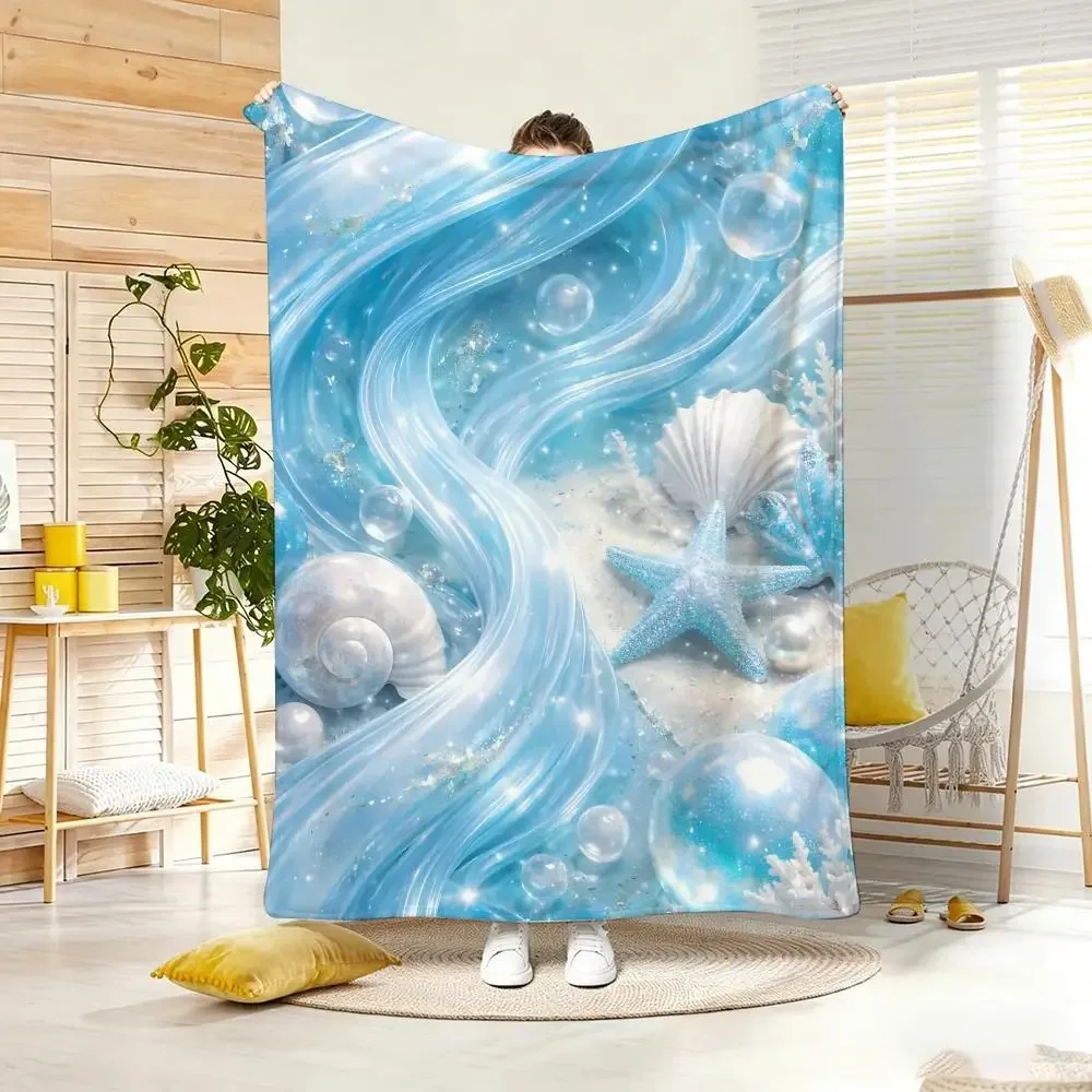 Pastel Light Blue Transparent Ocean Current Print Flannel Blanket, Glitter Bubble Seashell Starfish Coral Soft Fleece Throw Blan