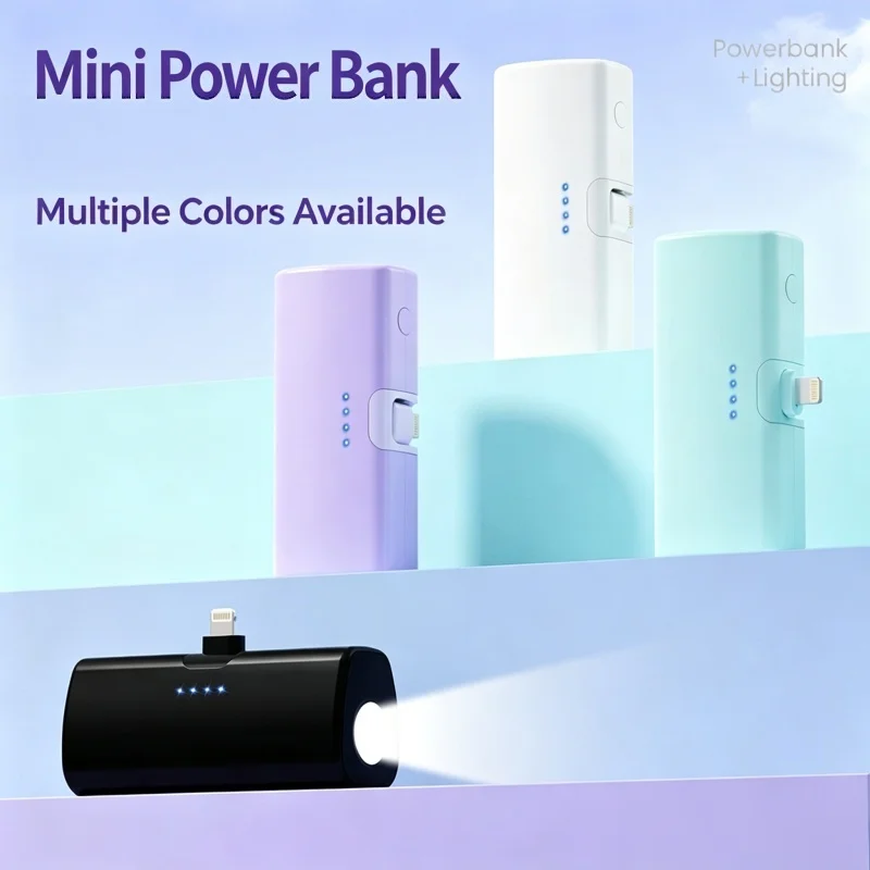 Mini Portable Capsule Power Bank Pocket Size with Flashlight, Lightning/Type-C Foldable Plug External Battery for IPhone Android