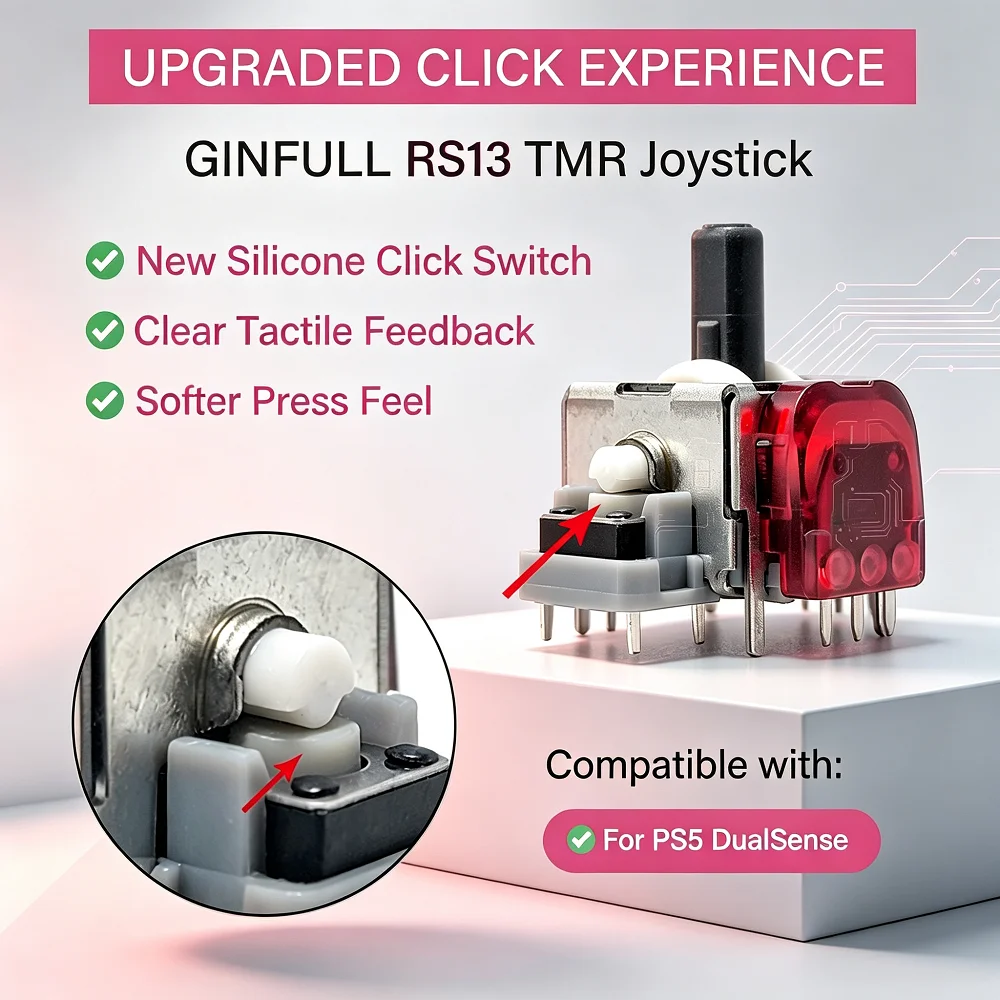 GinFull RS13 Angle TMR Electromagnetic Joystick for PS5 3rd Gen Upgraded 3D Tunnel Magnetic Resistance Joystick with Stick Cap
