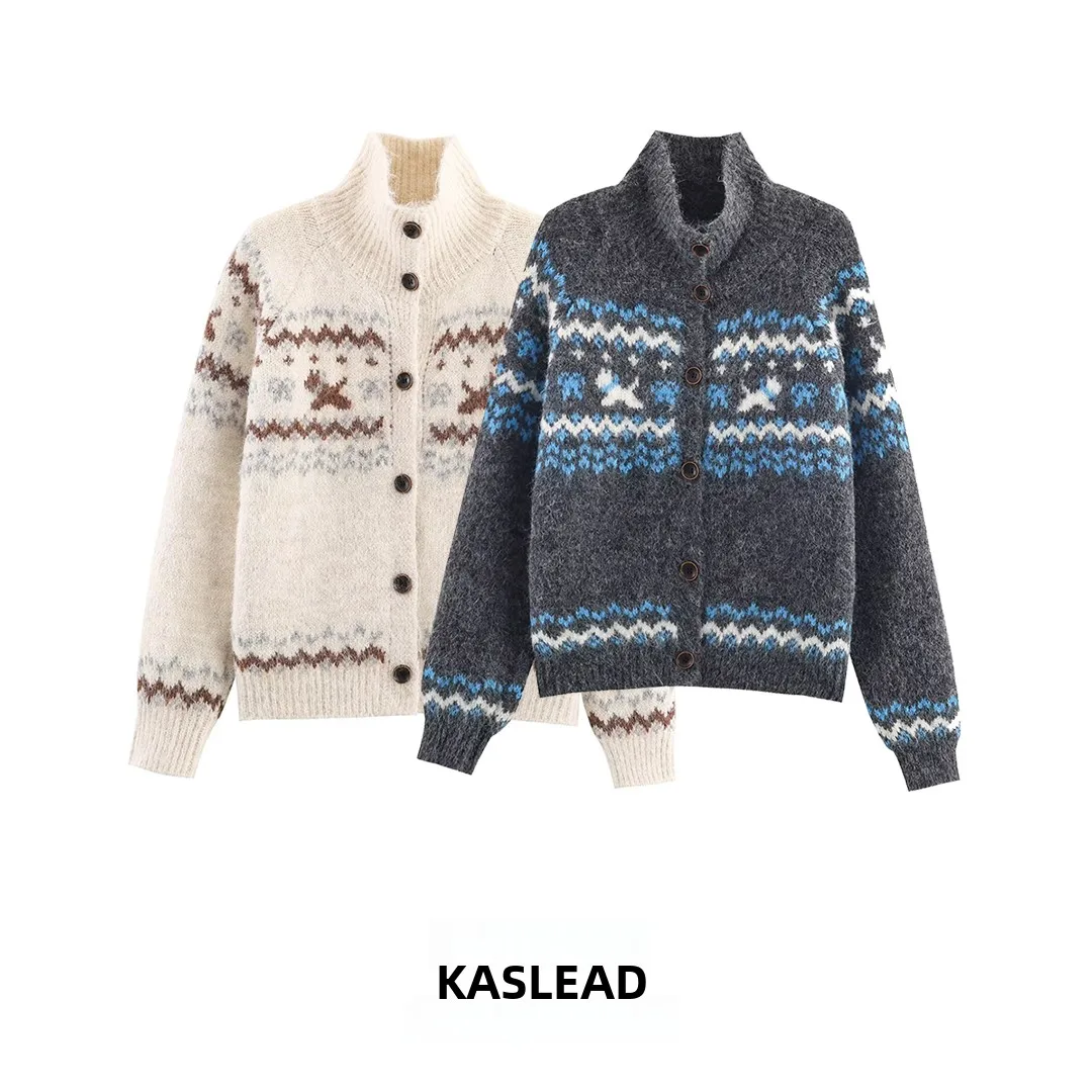 

KASLEAD Новый женский модный базовый вязаный открытый кардиган с воротником-стойкой и узором Tu Long Sve из полиэфирного волокна с геометрическим рисунком...
