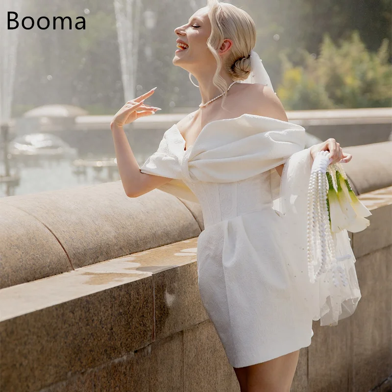 

Booma A-Line Bow Off The Shoulder Simple Satin Wedding Dresses Mini Sleeveless Elegant Brides Gown Custom Made 2025