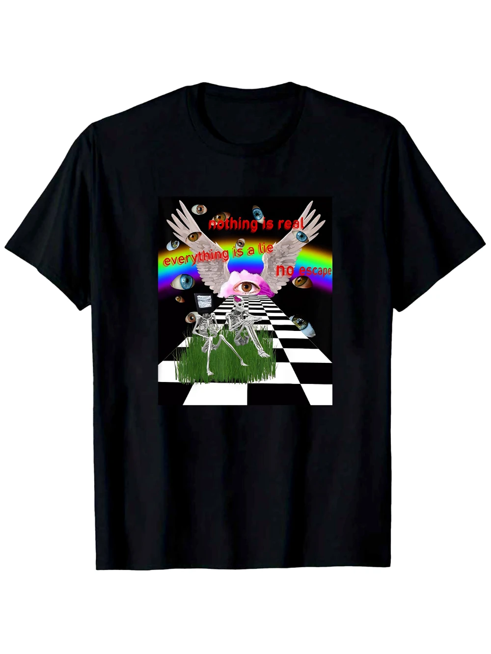 Herren 180g Schweres Baumwoll-T-Shirt mit Weirdcore Dreamcore Kunstdruck, Surreales Skelett, Regenbogenaugen, Karomuster – Detail 7