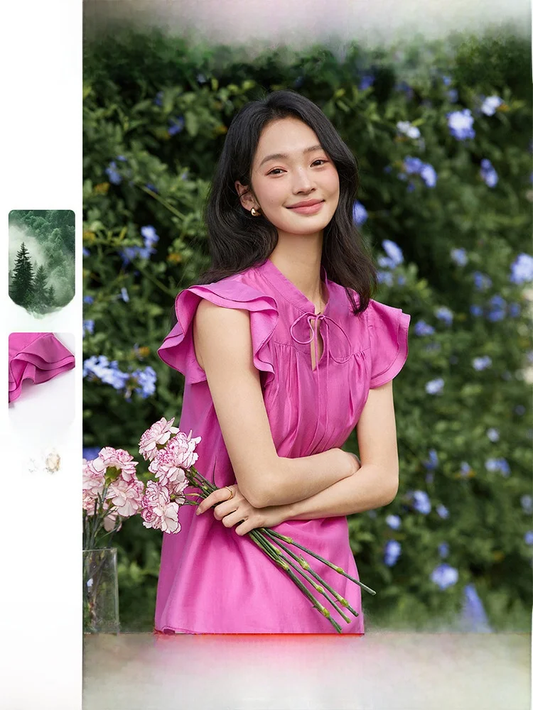 

Ladies' Ruffle Sve Stand Collar irt Casual Sle Regular Length Straight Cut Fiber Blend Summer New Arrival Commute Wear